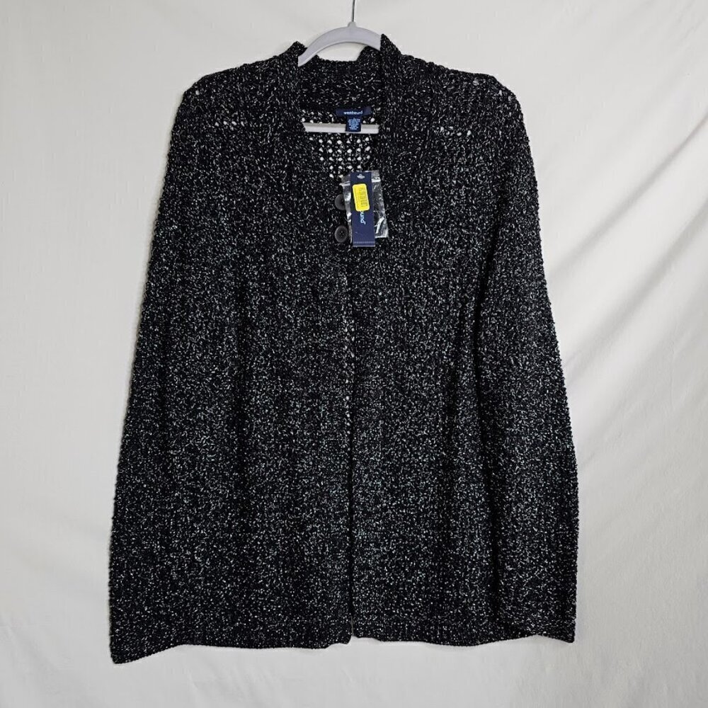 NWT WESTBOUND Open Knit Cardigan Sweater Top size L BLACK & SILVER Buttons Cozy - Picture 2 of 8